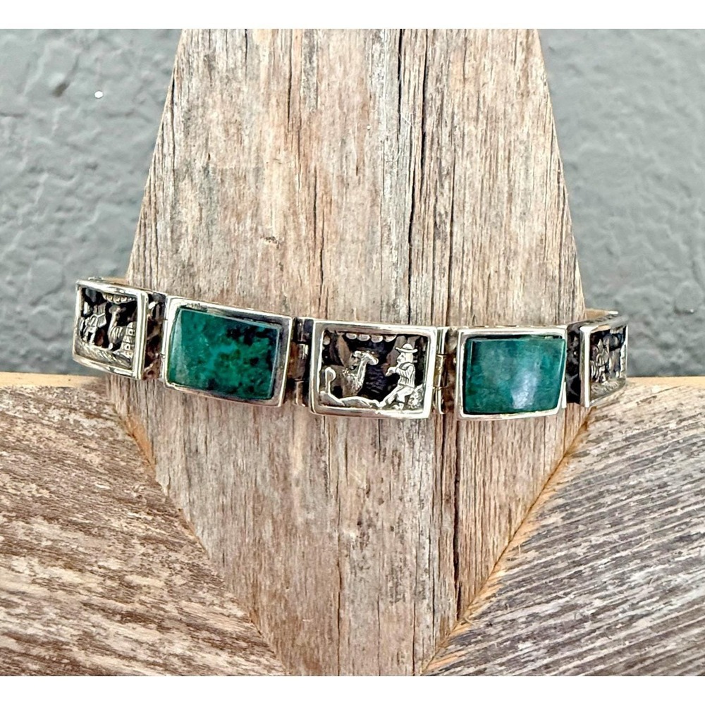 VIntage Peru Sterling Silver Scenic Panel 3D Bracelet Chrysocolla Stone 925